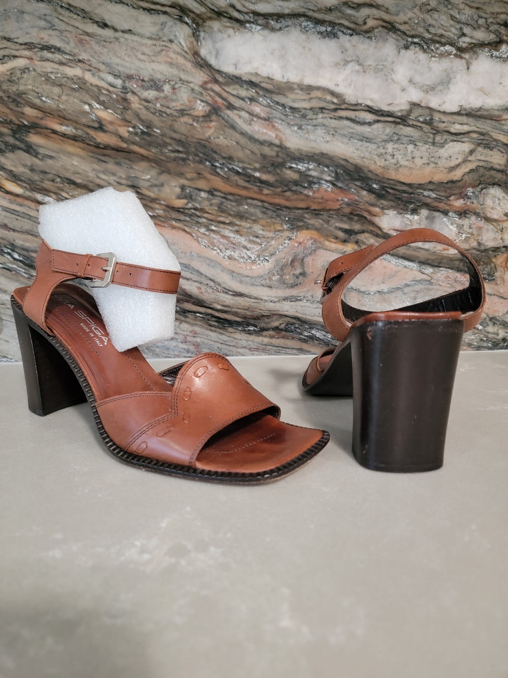 Via SPIGA Italian Leather Block Heel Sandals - Women's Stylish Open Toe